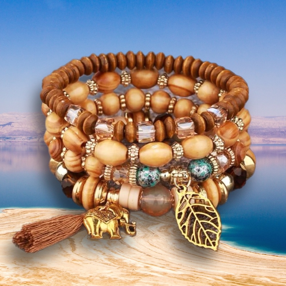 ❀ 2/$20 4PC Gold Elephant Safari Wood Tassel Bohemian Bracelet Bundle